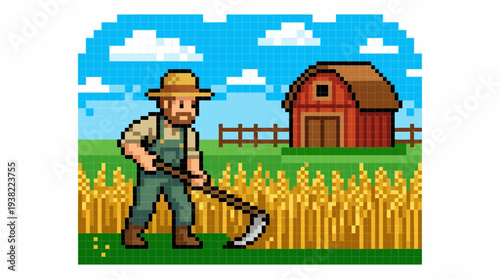 Pixel Art Farmer Harvesting Wheat with Scythe.
