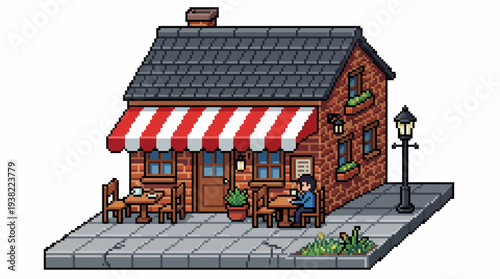 Pixel Art Cafe Building Exterior with Seating.