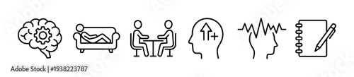 Mental health psychology therapy session icons representing various aspects of cognitive function, well-being, and personal growth.