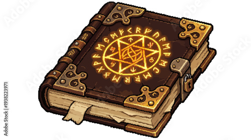 Ancient Grimoire With Mystical Symbols Glowing Brightly.