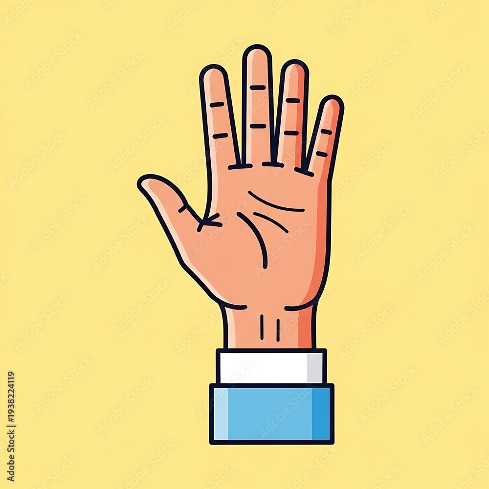 Fototapeta premium A cartoon illustration of a human hand, palm open and facing the viewer. The fingers are extended and visible. The skin tone is peach