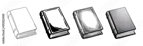 Four different stylized books presented in various graphic illustration styles, including outline, solid, engraving, and halftone dot patterns.