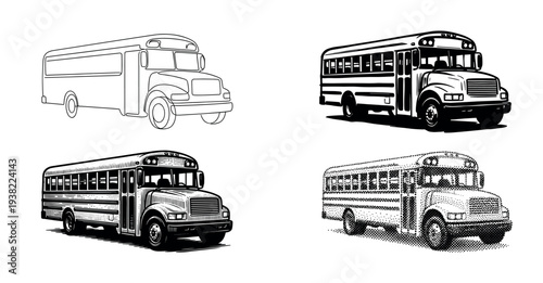 School bus illustration set features various artistic black and white drawing styles for educational transportation concepts.