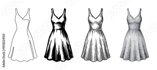 Elegant women's dresses are showcased in a collection of four distinct hand-drawn illustration styles, from simple outline to intricate stippling.