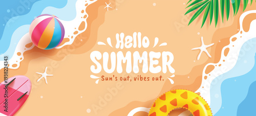 Hello summer beach clipart design. Hello summer text in seaside beach top view clip art for outdoor vacation holiday with tropical elements. Vector illustration.
