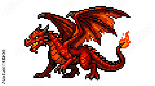 Pixel Art Red Dragon Fierce Creature Illustration.