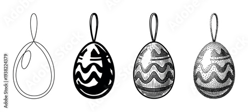 Easter egg ornament illustration set in various artistic styles showcasing different black and white drawing techniques for holiday decoration.