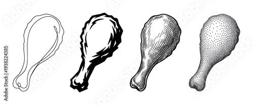 Chicken drumstick illustrations showcasing various artistic drawing styles and techniques, including outline, bold, hatching, and stippling.