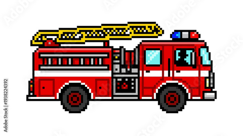 Pixel Art Fire Truck Vehicle Illustration.