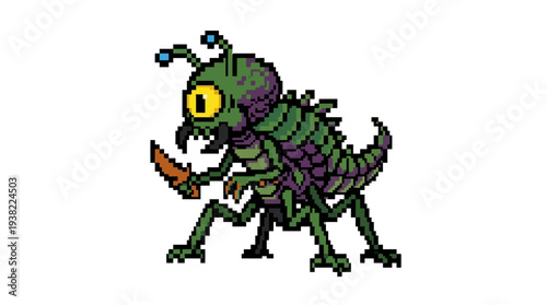 Pixel Art Green Insect Monster Holding Sharp Object.