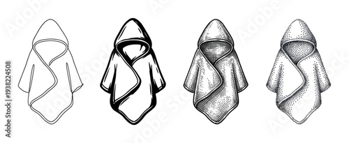 Collection of hooded baby towels illustrated in various black and white artistic styles and techniques.