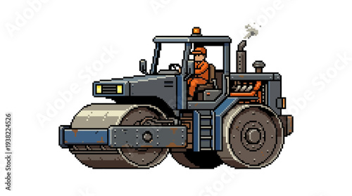 Pixel Art Steamroller Vehicle with Driver Illustration.