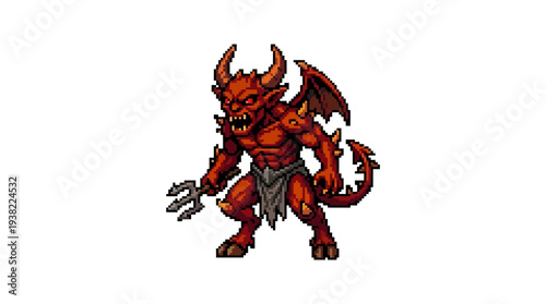 Red Demon Character Holding Trident Pixel Art.