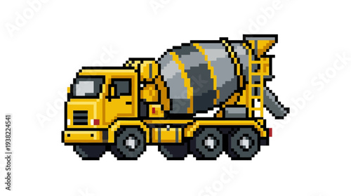 Pixel Art Cement Mixer Truck Illustration.