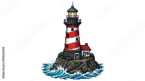 Classic Red and White Striped Lighthouse on Rocky Island.