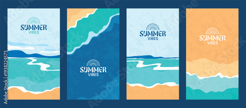 Summer vibes vector collection. Minimalist beach landscape set with ocean waves, textured sand, and coastal sea views for social media and posters. Vector illustration.