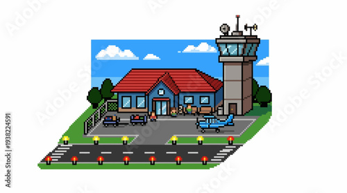 Cartoon Airport Terminal Building and Control Tower with Airplane.