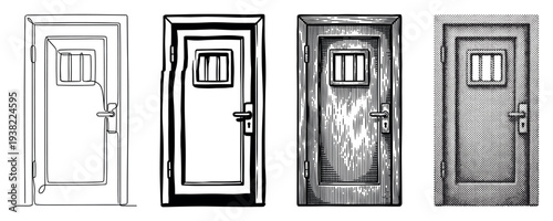 Four distinct prison door illustrations, each rendered with unique artistic drawing styles and textures.