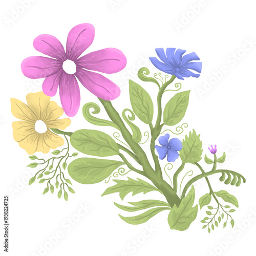 Colorful watercolor wildflower bouquet illustration with pastel blooms. Hand drawn romantic garden flower bouquet sketch with decorative greenery