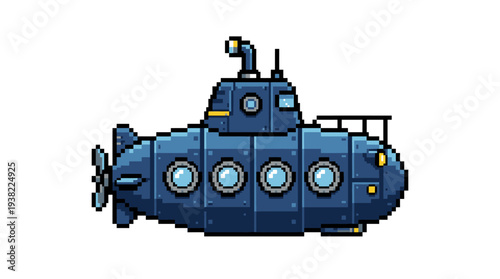 Pixel Art Blue Submarine Illustration.