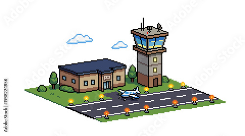 Isometric Airport Control Tower and Terminal Building with Airplane.