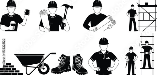 Construction worker silhouettes set, building site icons with foreman, tools, blueprint, boots, wheelbarrow, and scaffolding, professional industrial engineer vector illustrations
