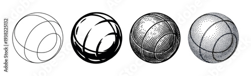 Four different artistic styles of a basketball illustration are presented side by side, showcasing diverse graphic techniques.