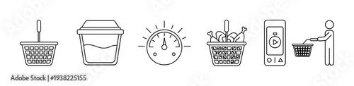 Food delivery and shopping icons illustrate the complete process of ordering groceries and meals online from selection to arrival.