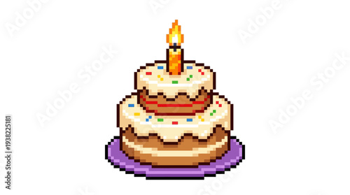 Pixel Art Birthday Cake with Burning Candle.