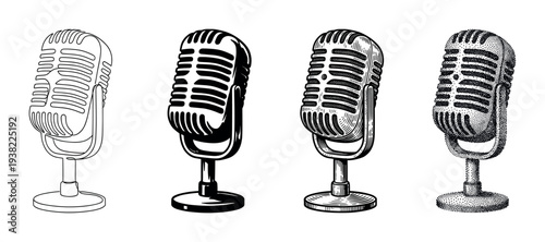 Four vintage microphones are depicted in various artistic black and white illustration styles, perfect for music and audio themes.
