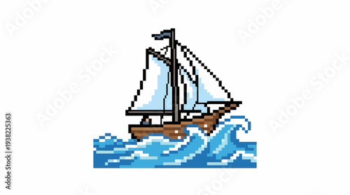 Pixel Art Sailing Ship on Wavy Ocean.