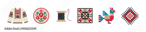 Traditional folk art elements and embroidery patterns showcase rich cultural heritage and craftsmanship through various decorative motifs and designs.
