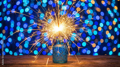 A single sparkling sparkler ignites in a blue patterned glass bottle against a bokeh background of blue and gold lights, symbolizing celebration.