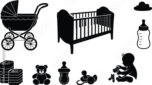 Construction worker silhouettes set, building site icons with foreman, tools, blueprint, boots, wheelbarrow, and scaffolding, professional industrial engineer vector illustrations