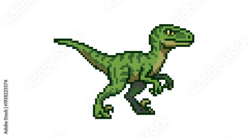 Pixel Art Green Raptor Dinosaur Illustration.