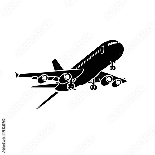 Black silhouette of an airplane taking off against a white background.
