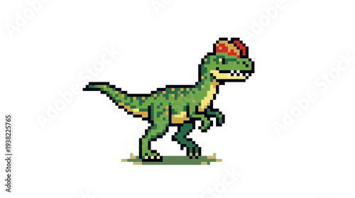 Pixel Art Green Dinosaur with Red Crest.