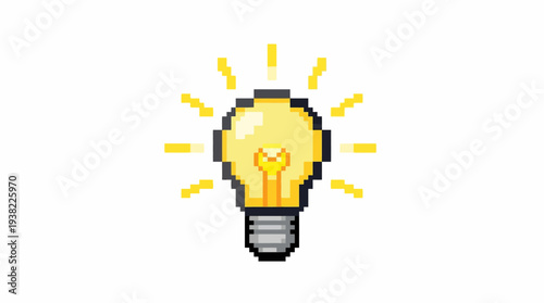 Pixel art light bulb glowing brightly with radiating light.