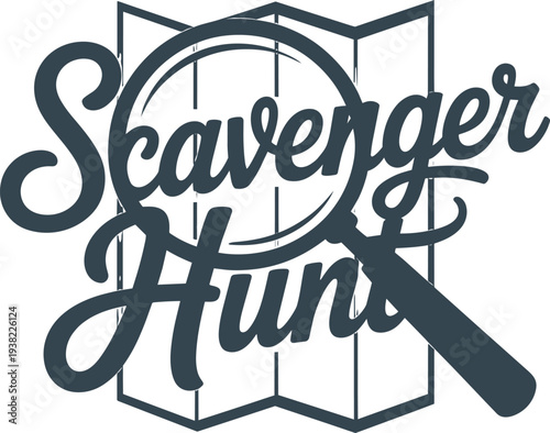 Scavenger hunt text design with magnifying glass and map icon for outdoor adventure activities
