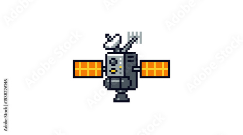 Pixel Art Satellite Spacecraft with Solar Panels.