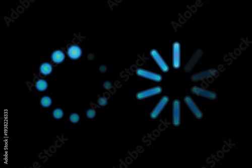 Glowing circular loading spinner indicators for user interface, buffering, processing, and system progress animation concept.