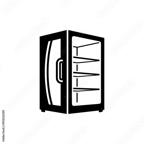 Black and white illustration of a commercial refrigerator with glass door.