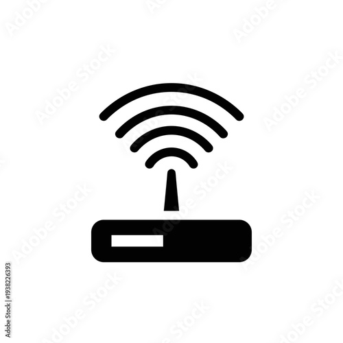 Black and white illustration of a wireless router with signal waves.