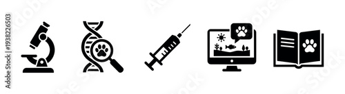 Veterinary science icons set representing animal health, research, and care concepts for medical and educational purposes.