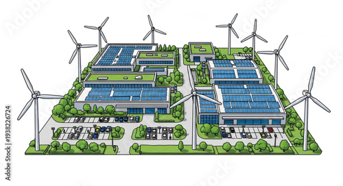 Sustainable energy industrial park with solar panels and wind turbines.
