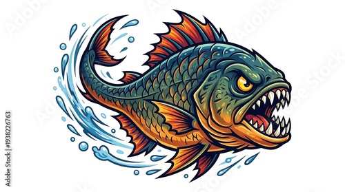 Photos Vibrant cartoon piranha illustration with sharp teeth and dynamic water splashes