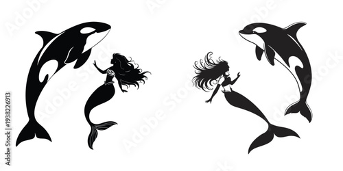 Mythical Orca Whales Swimming With Silhouettes of Mermaids