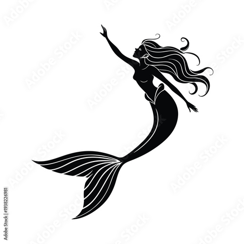 Stylized silhouette of a mythical mermaid reaching upwards with flowing hair