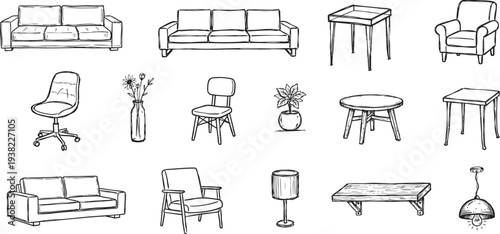 Sketchy Furniture Seamless Pattern with Sofas Chairs and Tables, Modern Interior Elements Vector Background for Textile and Home Decoration