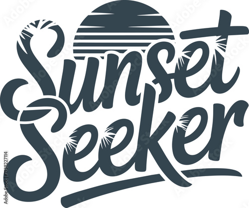 Sunset seeker typography with ocean sun and palm tree leaf details for summer beach lifestyle